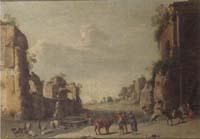 unknow artist A southern landscape with drovers and their cattle resting before a set of ruins France oil painting art